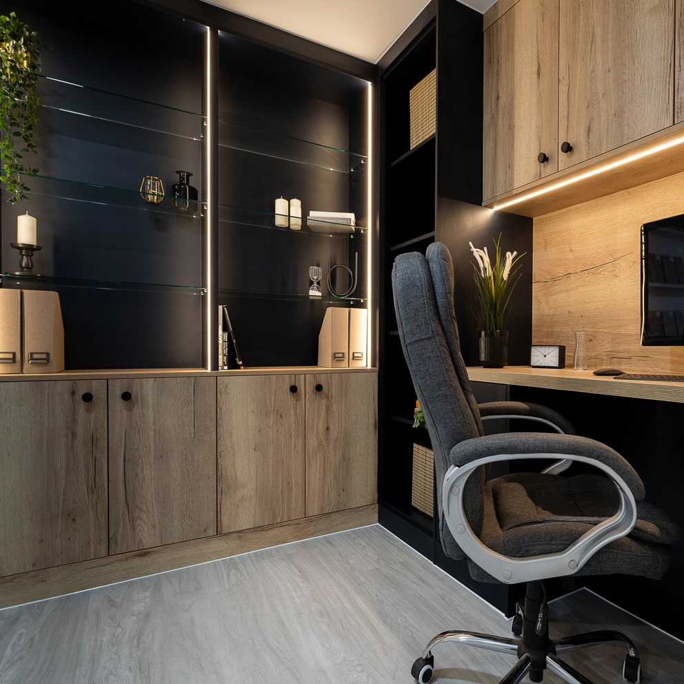 Black and Oak Bespoke Fitted Home Office Furniture in DAY & KNIGHTS Showroom
